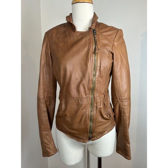 Muubaa Jackets & Blazers - MUUBAA Delaney Black 100% Lamb Leather Biker Jacket Women's Indus Cognac Size 4